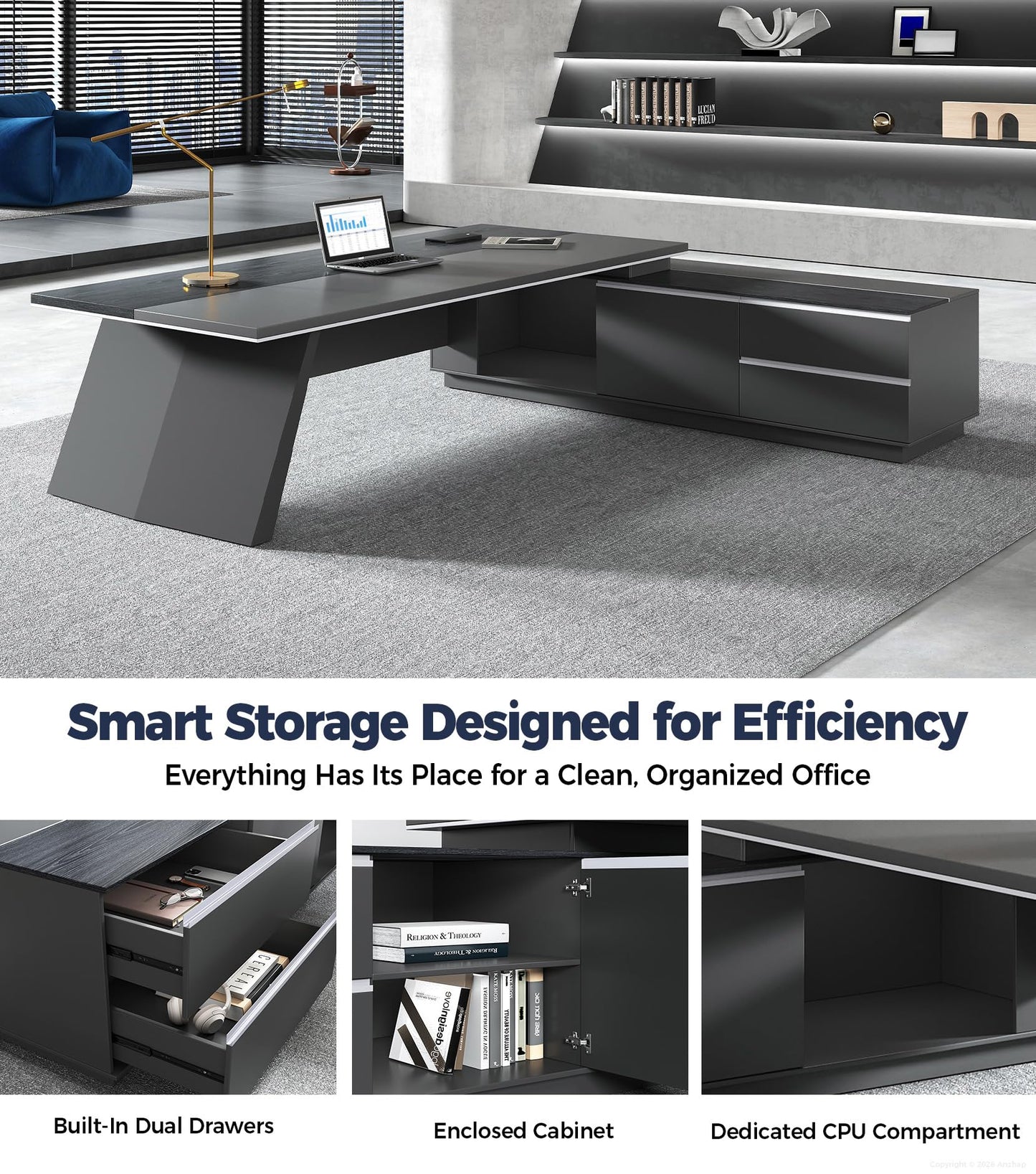 Anzhap 87" Executive Office Desk with Power Outlets & USB Ports, L-Shaped Executive Computer Desk with Drawers, Enclosed Cabinet, Ventilated CPU Compartment (Right Return, 87" L x 63" W x 30" H)