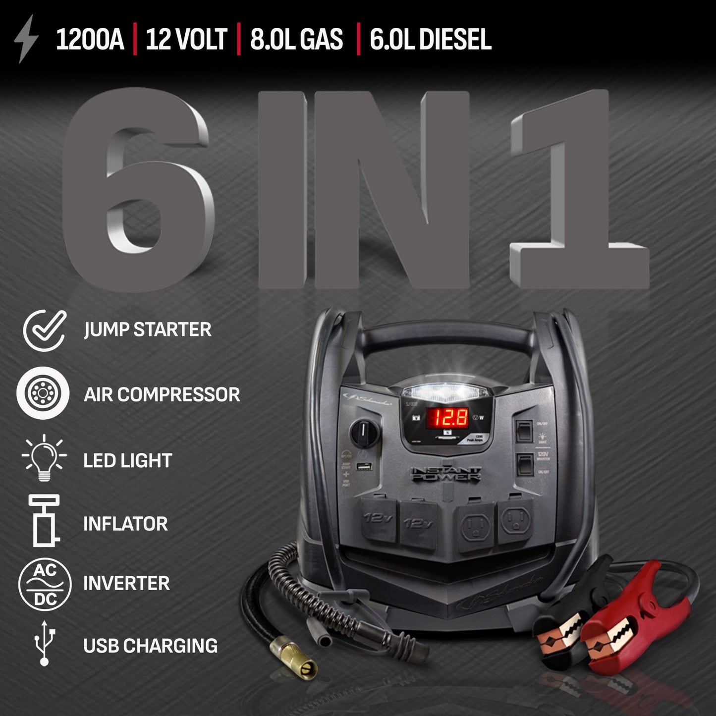Schumacher Electric 1200A Car Battery Jump Starter and Portable Power Station, 6-in-1 Solution for 12V Batteries, 150-PSI Air Compressor, 200 Continuous/400 Peak Watt Inverter, SJ1332
