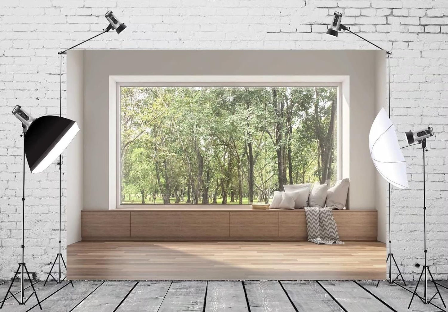 BELECO 7x5ft Fabric Modern Living Room Window Backdrop House Interior Green Forest Trees Scenery Nature Background