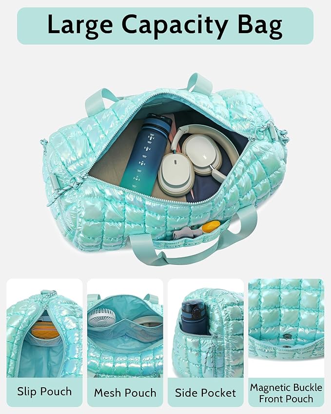 Quilted Duffel Bag for Women, Puffer Gym Duffle Bag with Shoe Compartment Lightweight Large Crossbody Sport Travel Bag Tote Blue Glacier