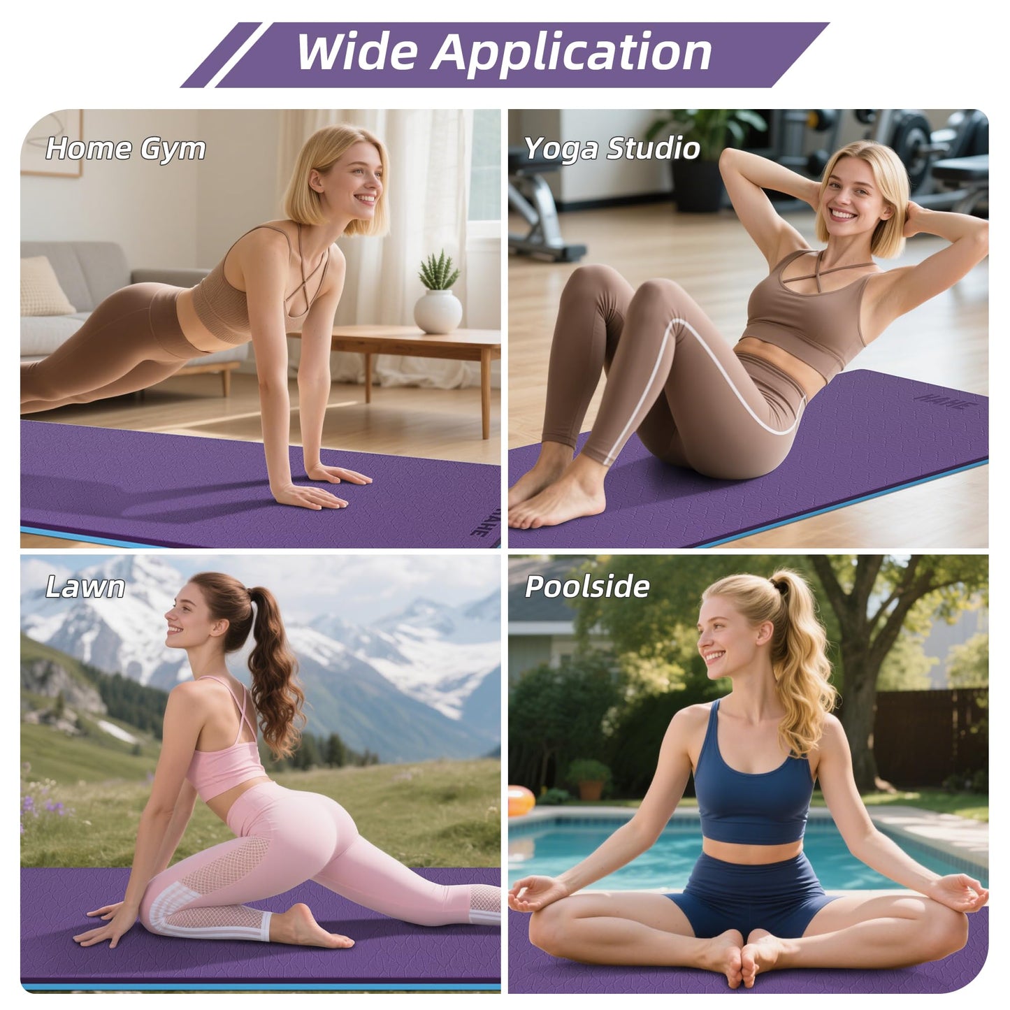 HAHE Extra Thick Yoga Mat, 72"Lx32"Wx0.4"Th (10mm), Wide Non-slip Exercise Mats with Carry Strap, Double-Sided POE Fitness Mat for Yoga, Pilates & Floor Workouts (Purple+Sky Blue)