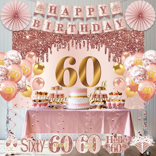 60th Birthday Decorations for Women, Pink Gold Happy 60th Birthday Banner Crown and Sash Balloons Backdrop Hanging Swirls Paper Fans, 60 Years Old Party Supplies Kit 32PCS