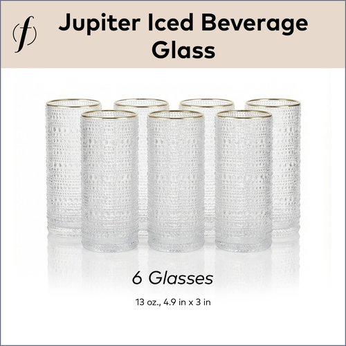 FORTESSA Jupiter Beaded Hobnail Glass Vintage Themed Drinkware Set, 10.8 Ounce Collins Highball Glass (Set of 6), Dishwasher-Safe, Clear/Gold Rim
