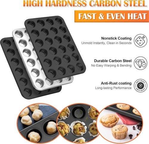 E-far Mini Muffin Pan - 24-Cup Nonstick Carbon Steel Bakeware for Perfect Muffins & Cupcakes | Oven Safe