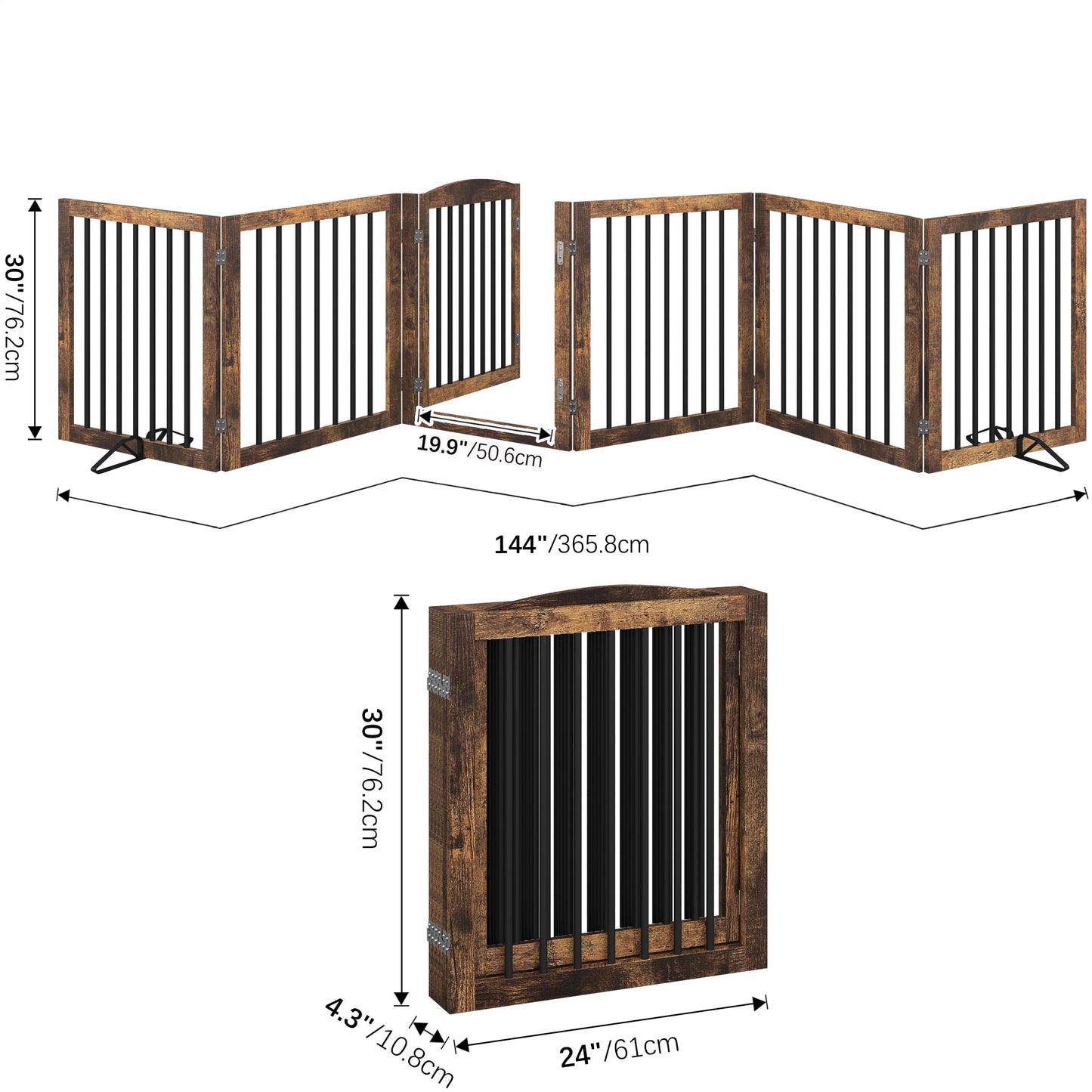 Vantas Folding Pet Gate 144" Wide, 30" Tall No-Assembly Wooden Dog Gate with Door Walk Through, Freestanding Puppy Safety Fence, with 2PCS Support - Rustic Brown
