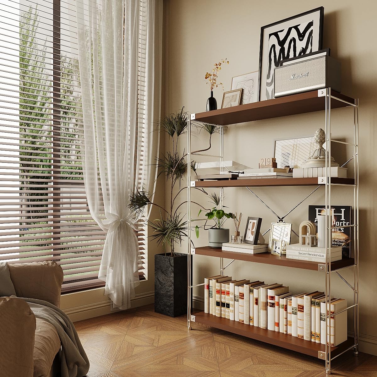 Achene 4-Tier Industrial Bookshelf, Storage Bookcase for Living Room, Bedroom, Office, Study Room,and Kitchen, 35.43"x11.81"x51.18" Inches(Dark Walnut, 4T36IN)