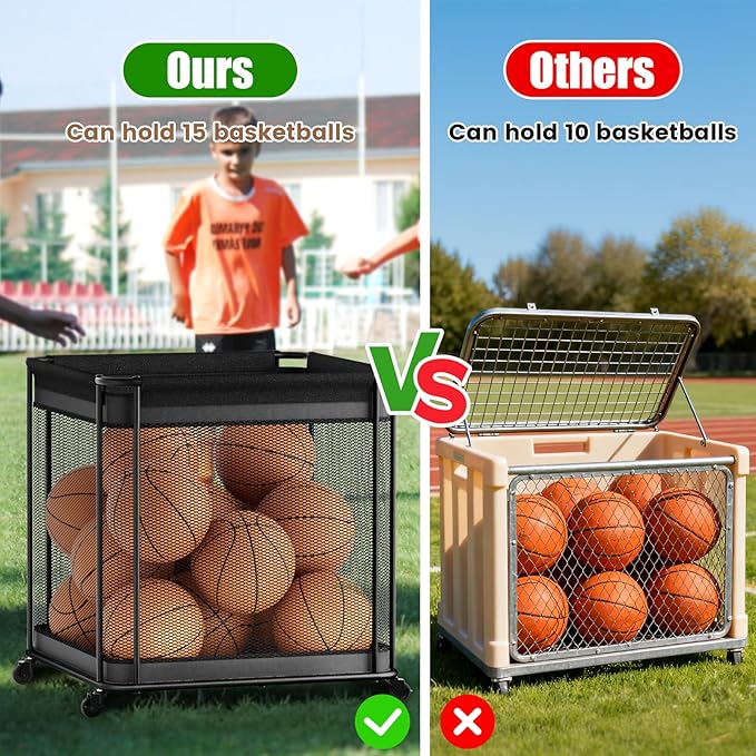 VOPEAK Oversized Rolling Ball Storage Cart with Lockable Wheels, Ball Storage Organizer with Mesh Basket, Sports Ball Rack for Indoor Outdoor, Metal Sports Equipment Organizer for Garage Gym School