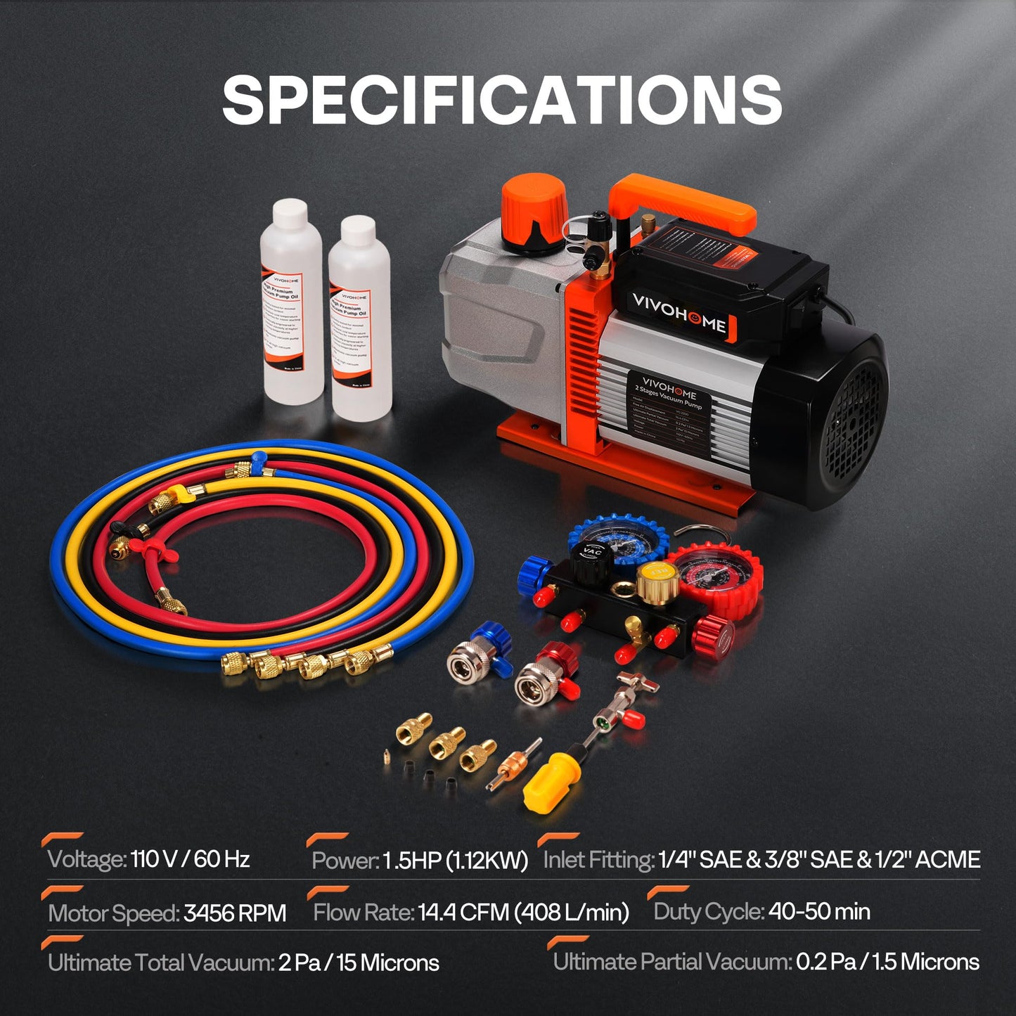 VIVOHOME VG Series AC Vacuum Pump and Gauge Set, 1.5 HP 14.4CFM 2 Stage HVAC Vacuum Pump and 4 Way Manifold Gauge Kit with 5ft Hoses for R134a R12 R22 R502 R410a Auto HVAC Systems Commercial Use