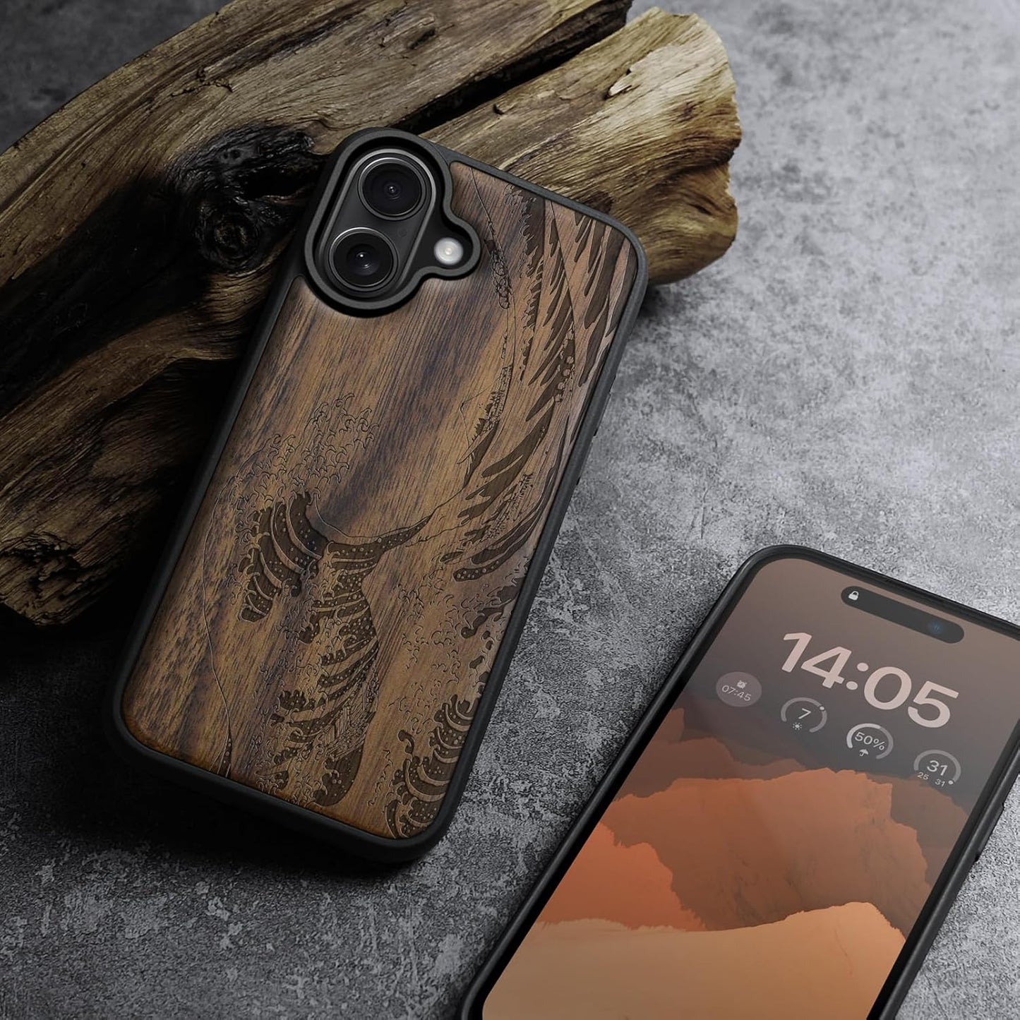 Carveit 16 Magnetic Wooden Case for iPhone Case, Wood Artisan Engraved & Black Soft TPU Shockproof Cover, Compatible