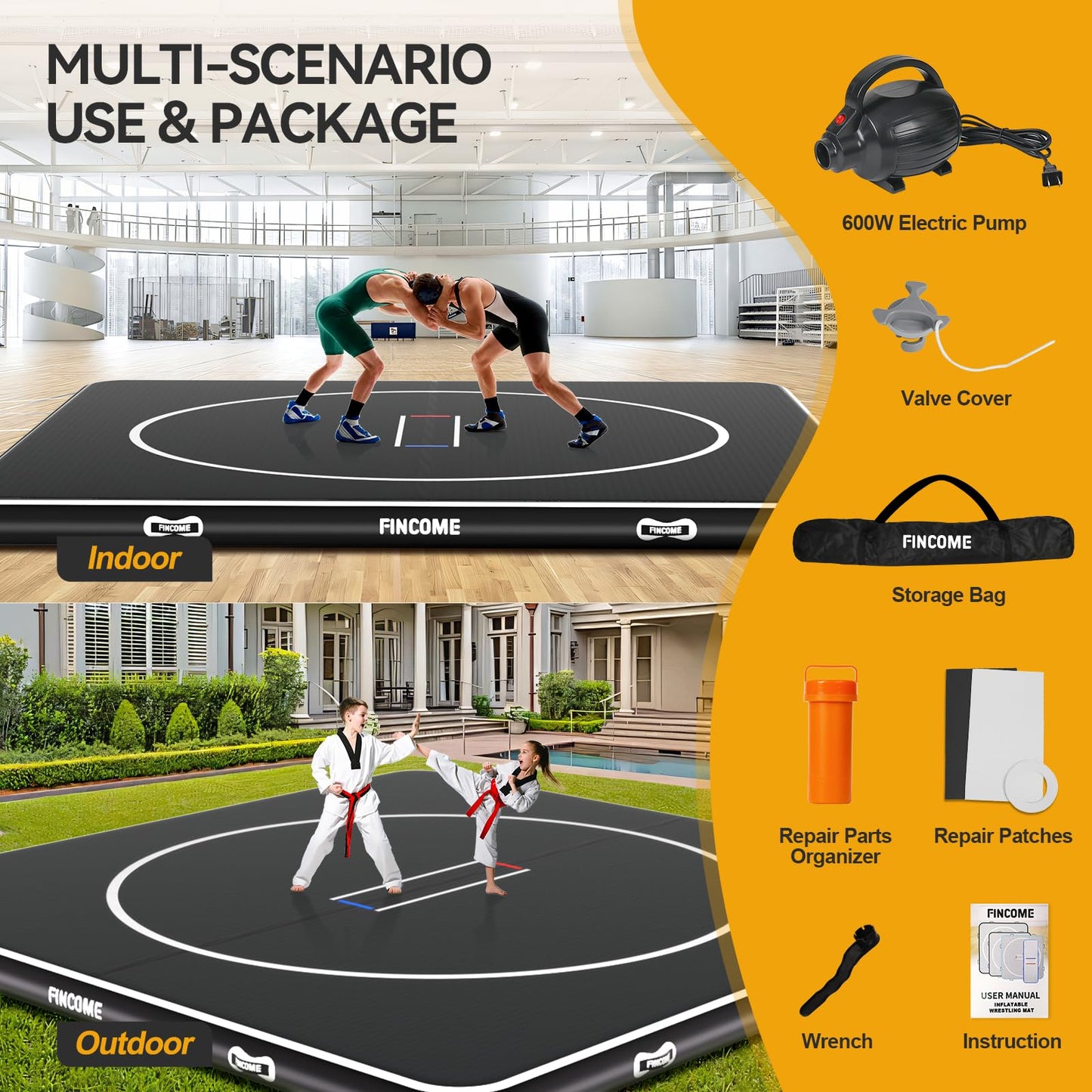 FINCOME Inflatable Wrestling Mat 16ft/13ft/10ft, 4" Thick Foldable Jiu Jitsu Mats Wrestling Mats for Home Outdoor Indoor, Waterproof PVC Mat for Gymnastics, BJJ, MMA, Grappling, Judo, Boxing,16ft*16ft*4inch Black
