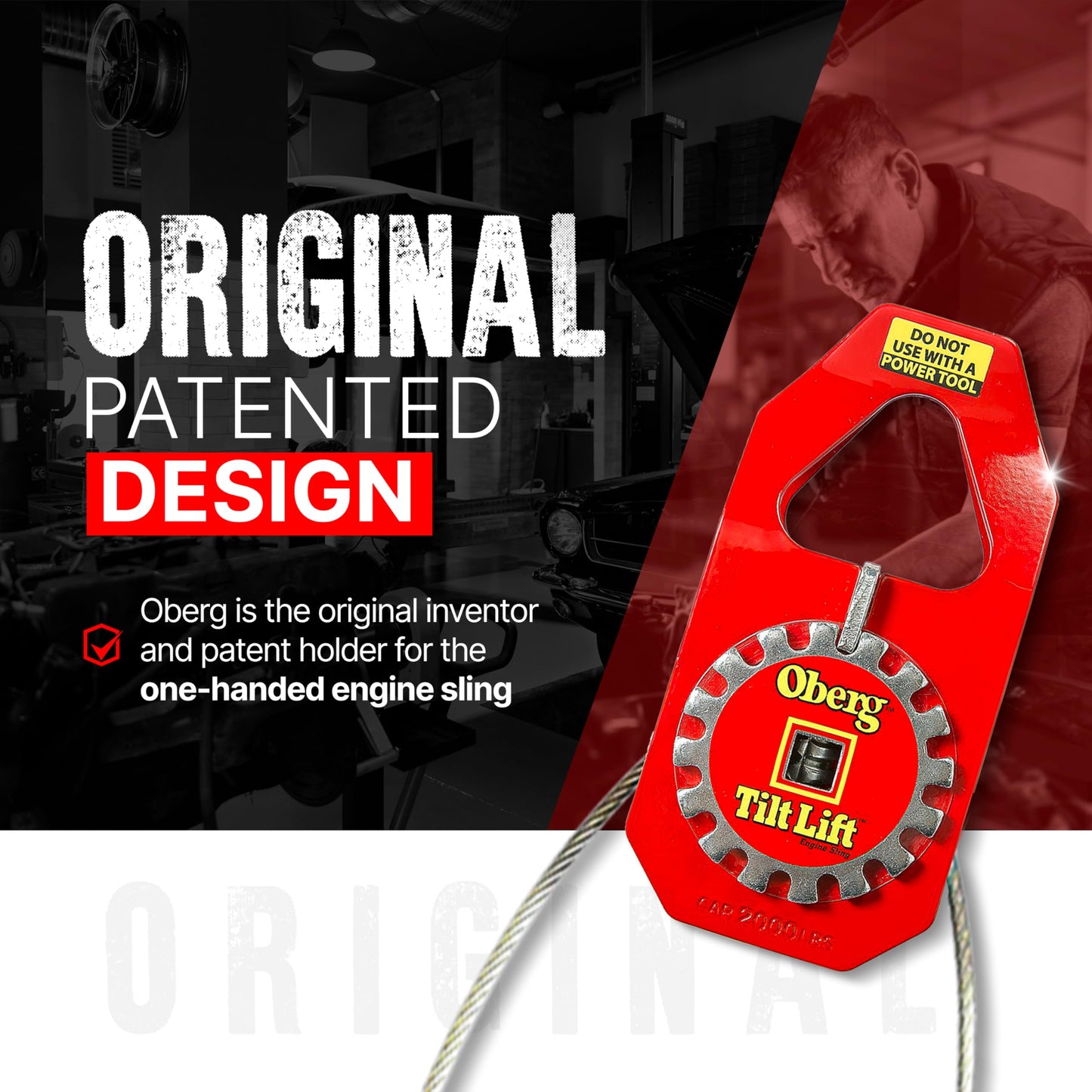 Oberg Tilt Lift Engine Leveler | Original Chainless Hoist Sling for Engine & Transmission Swaps | 1 Ton (2,000 lb) Capacity, 45° Tilt, One-Hand Ratchet Control, 3:1 Safety Factor