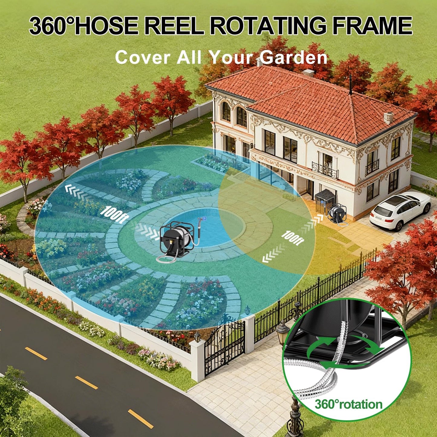 SPECILITE Upgraded Metal Garden Hose Reel With 100 Ft 304 Stainless Steel Water Pipe, Heavy Duty Anti-UV Wall Mount/Freestanding Spool with Nozzle, 360° Rotation Frame for Yard
