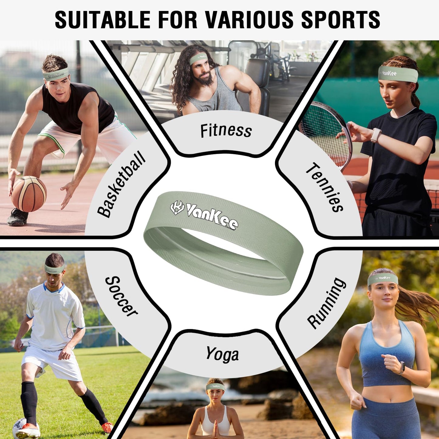 VanKee Sports Headbands for Men Cooling Sweatbands for Women Moisture Wicking Non Slip Workout Athletic for Running Yoga Tennis Basketball Fitness