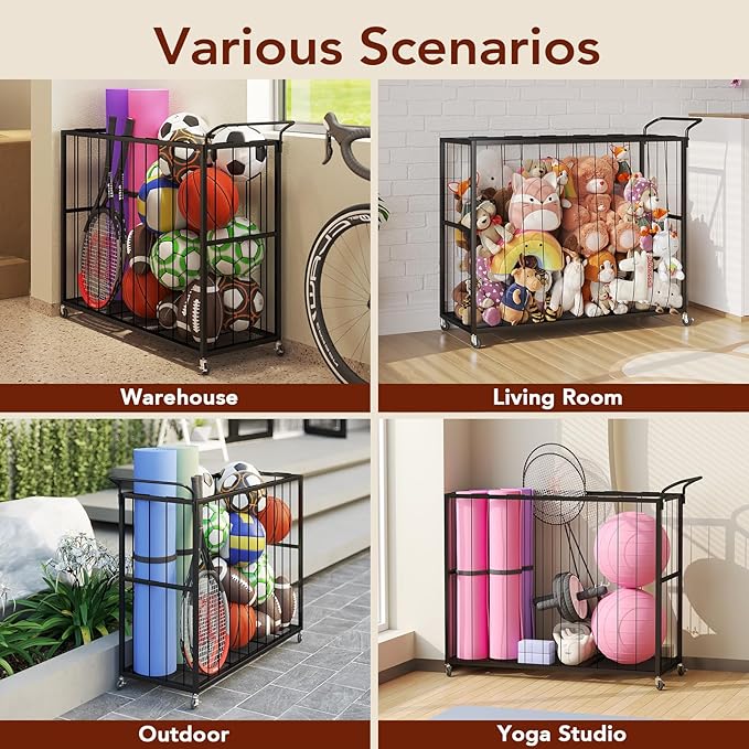 Ball Storage Bin Rolling Sports Ball Cart, Metal Garage Organizer Sport Rack, Ball Basket Storage, Ball Cage for Garage or Gym, Indoor & Outdoor Sports Equipment Organizer