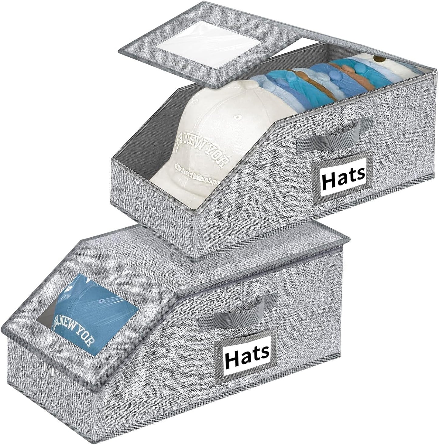 Aokeyee Hat Organizer - 2PCS Stackable Storage with Clear Window Lid | Space-Saving Grey Hat Box