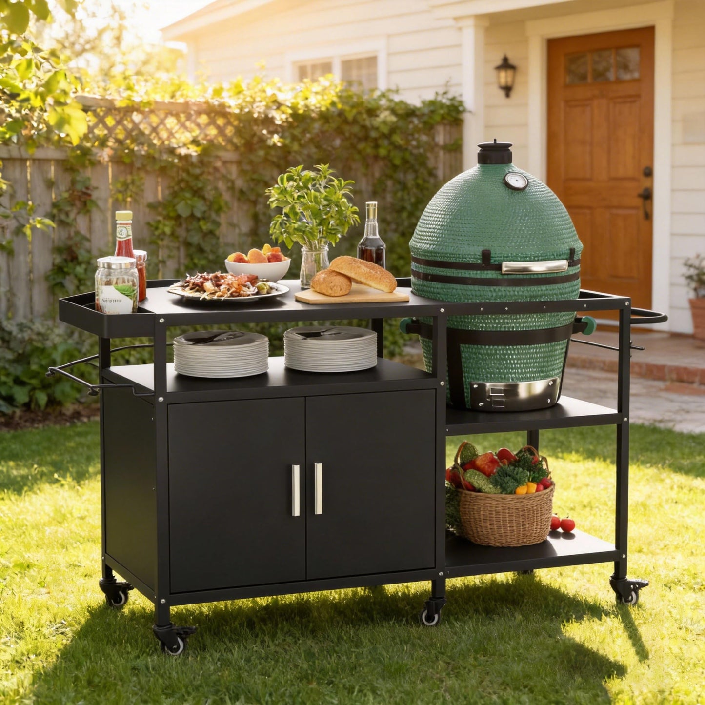 Mobile Grill Cart Compatible with Big Green Egg, Heavy Duty Metal Grill Table for Large/Medium Ceramic Charcoal Grills, Outdoor Kitchen Island Prep Station with Storage Cabinet, 6 Wheels