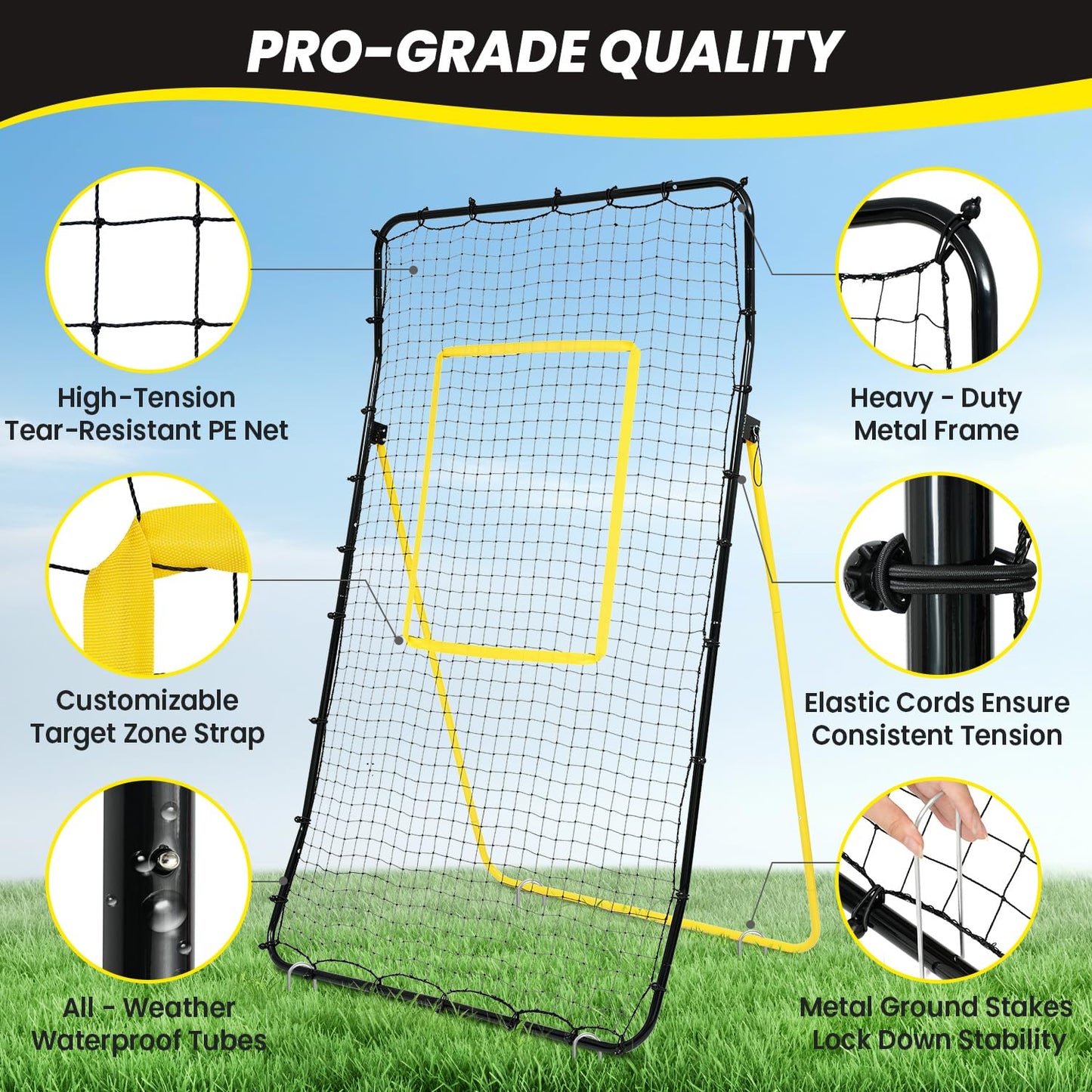 BAGAIL Volleyball Rebounder Net 7x4 Ft, Bounce Back Training Equipment with Unique Curved Frame for Better Catching, 5 Adjustable Angles for Volleying & Spiking, Easy Set Up & Sturdy Base - Yellow