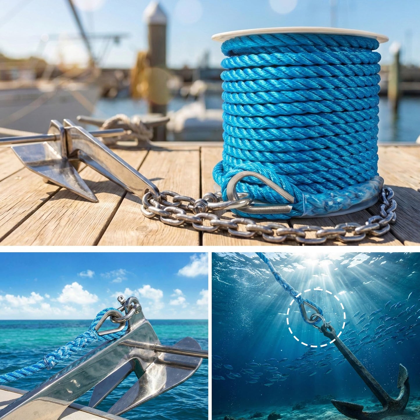 Anchor Rope 1/2 Inch 100 FT, Anchor Line 3 Strand Boat Rope with Stainless Steel Thimble & Shackle, Boat Anchor Rope Ideal for Towing Docking Mooring Boats Up to 35' - Lake Blue