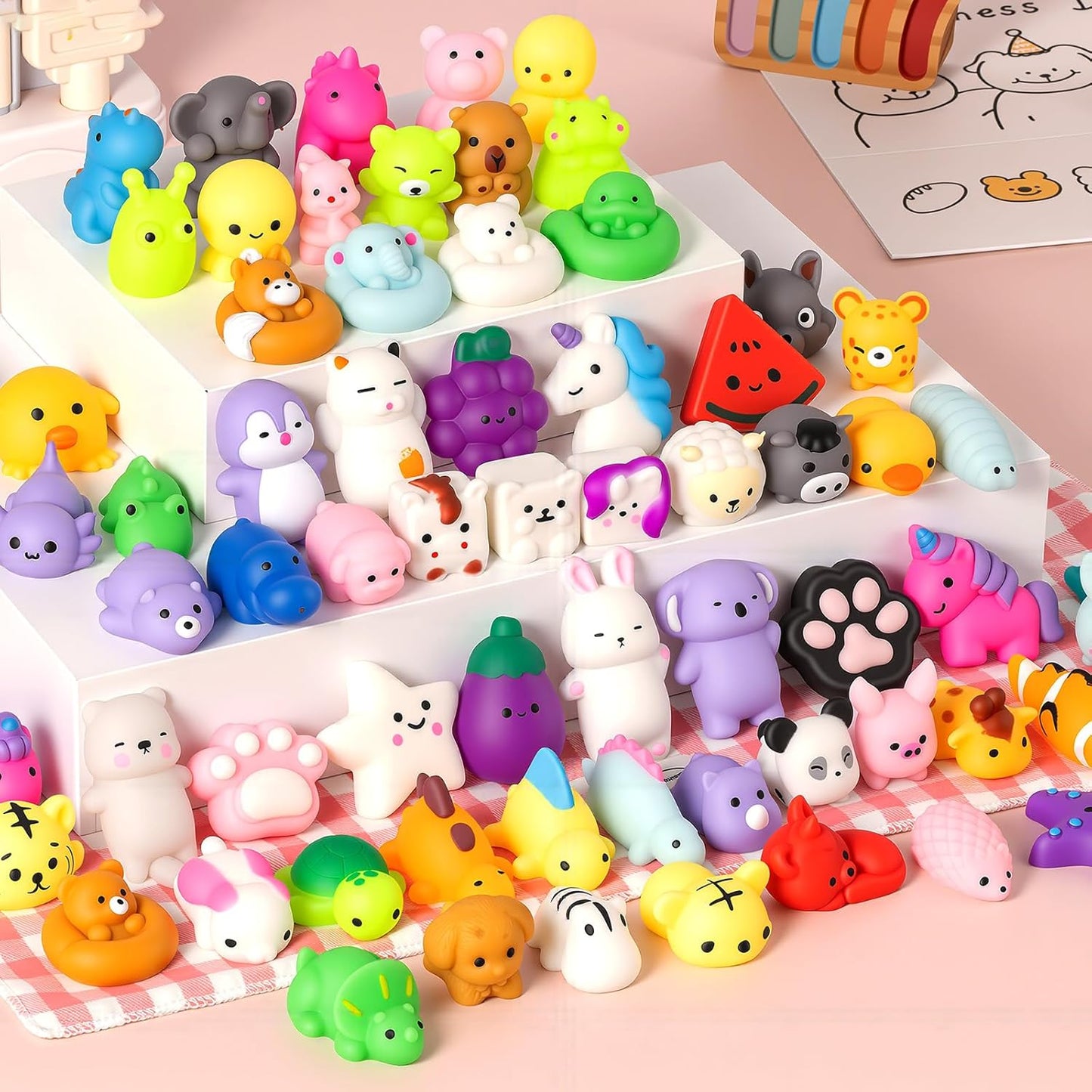 Skiennix 25 Pcs Mochi Squishy Toys - Kawaii Animal Stress Relief Toys in Storage Bucket | Perfect for Party Favors & Classroom Prizes