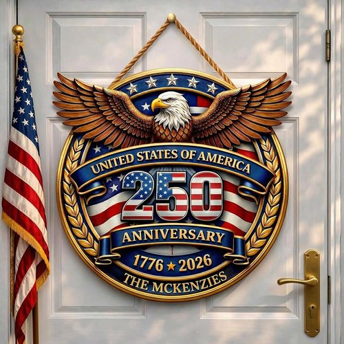 DILYPOD Personalized 250th Anniversary Door Sign - Custom Family Name Wreath for Independence Day Decor