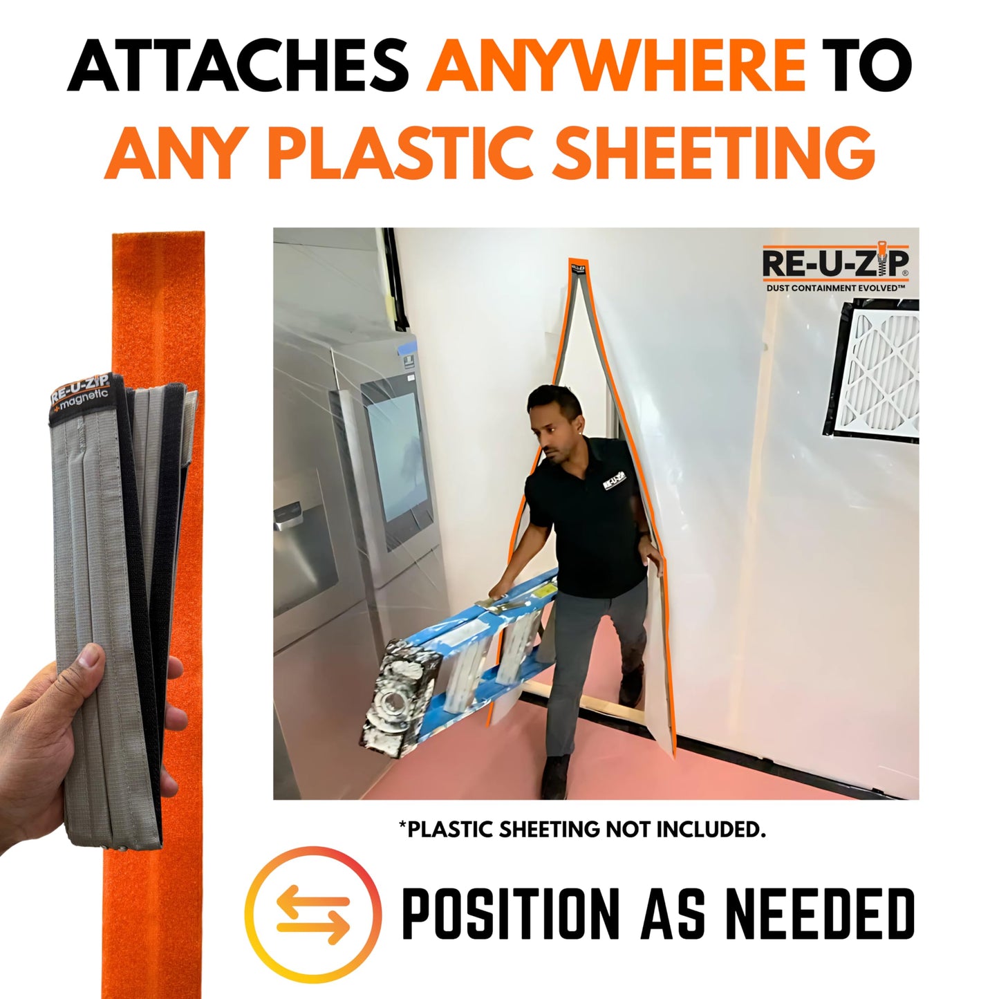 RE-U-ZIP Self-Closing Magnetic Dust Barrier Entry Strip, Hands-Free Zipper Alternative for Plastic Sheeting, Reusable, Custom Placement & Works Under Negative Air, 3-Pack