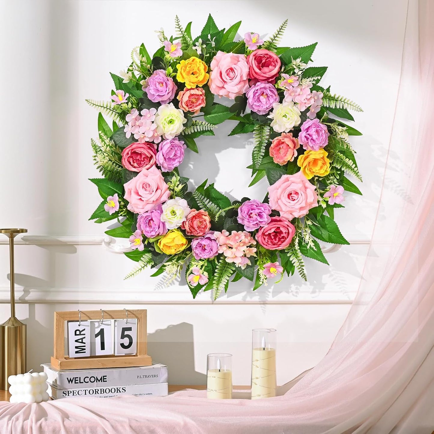 Yastouay 24-Inch Summer Wreath - Realistic Rose Peony Floral Decor for Front Door & Patio