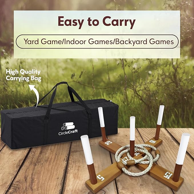 Outdoor Ring Toss Game for Adults - Perfect Lawn and Backyard Game for Adults and Family - Outdoor Yard Games for Fun Activities on Easter and Festivals - Wooden Ring Toss with Carrying Case
