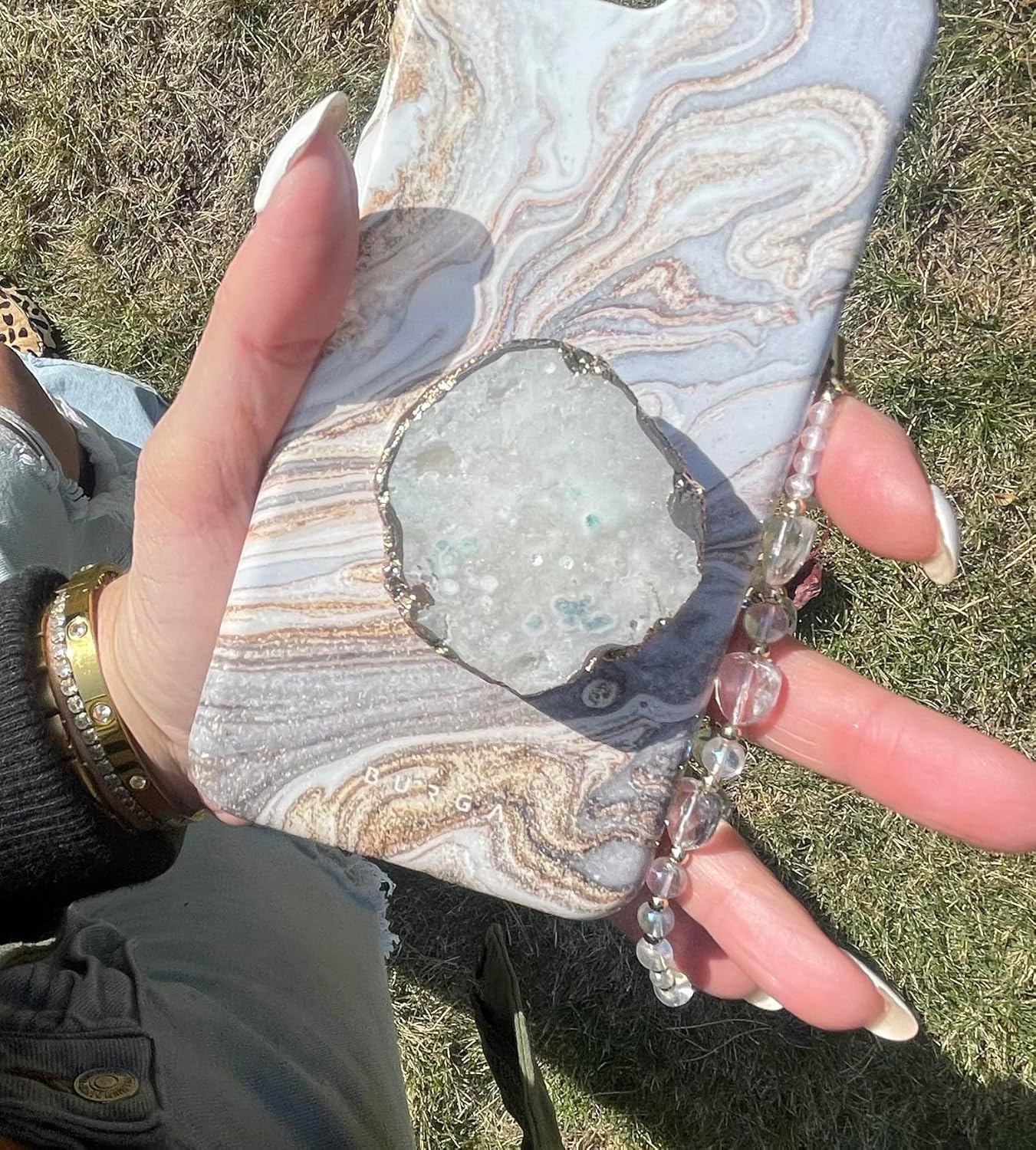 CRYSTALFY Grips by Perfectly Imperfect White Druzy Crystal Phone Grip Holder & Expanding Kickstand - Natural Gemstone