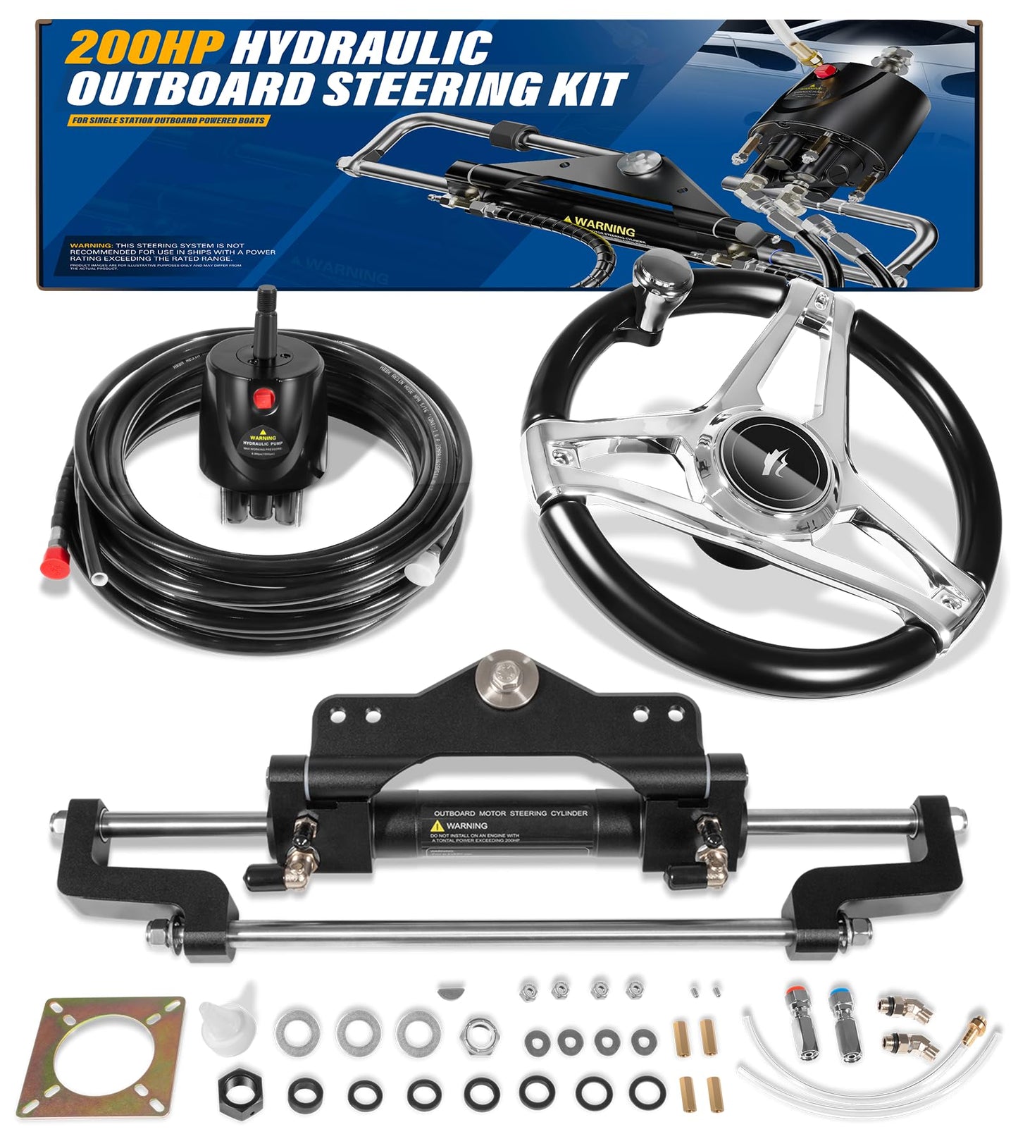 𝐔𝐩𝐠𝐫𝐚𝐝𝐞 200HP Hydraulic Outboard Steering Kit Boat Marine System with Electroplated Steering Wheel, Helm Pump, Hydraulic Cylinder, 26ft PU Hoses, Fit for Most Single Outboard-Powered Boats