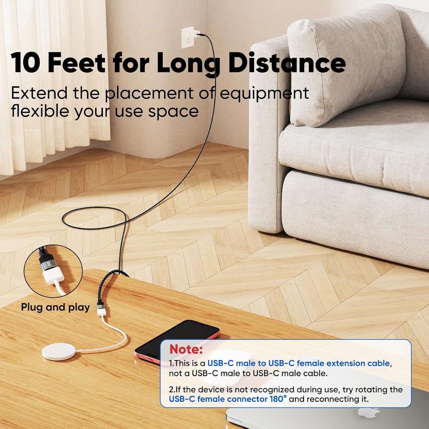 10Ft 10Gbps Transfer/100W Charging/4K@60Hz 3.2 USB C Extension Cable Long, Data USBC Male to USB-C Female Cable