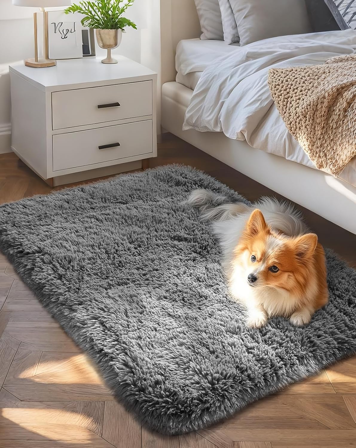 Ophanie Small Non-Slip Area Rug - Fluffy Soft Grey Mini Bedroom Carpet | 2x3 ft Indoor Mat for Home Decor