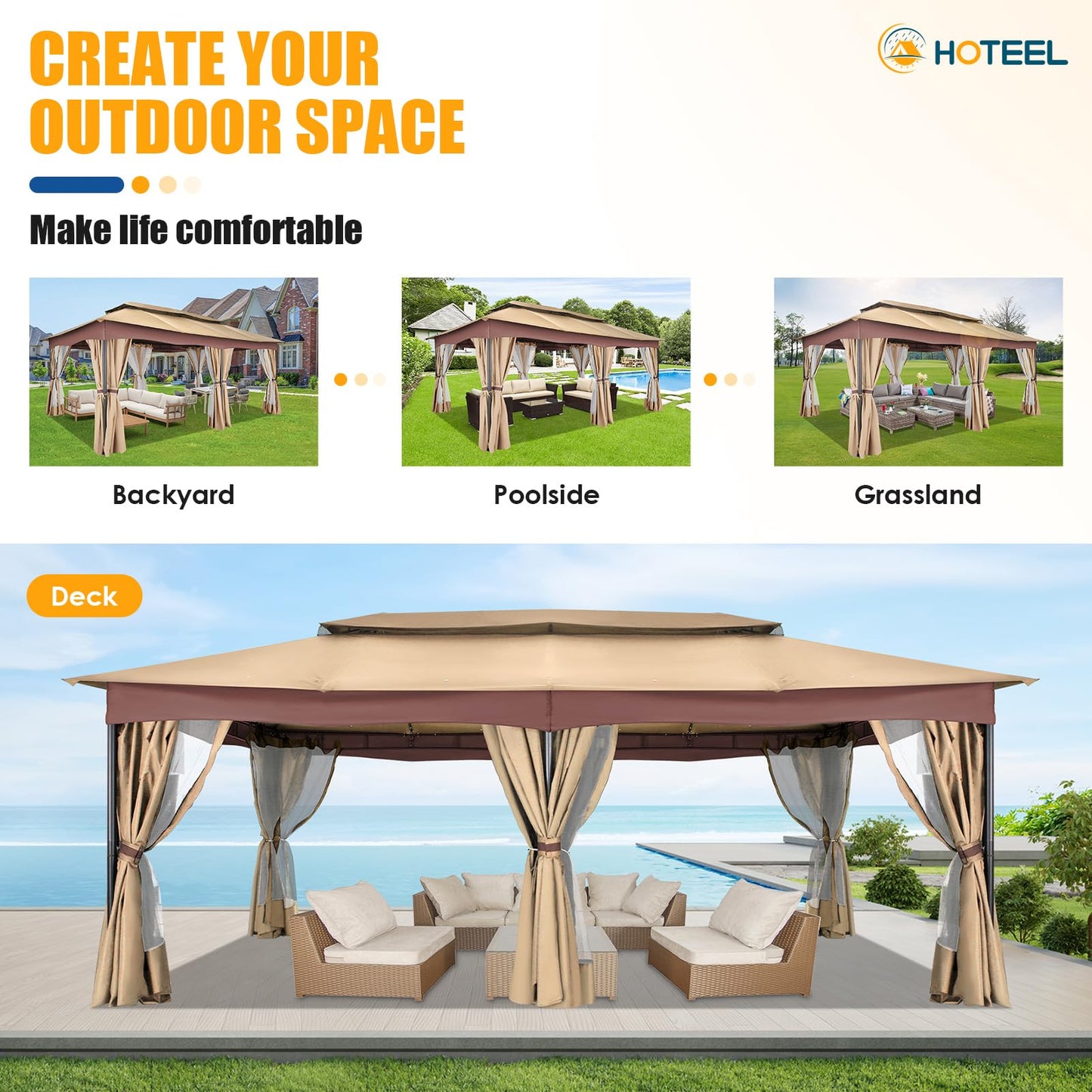HOTEEL Gazebo 12x20, Outdoor Gazebo on Clearance with Double Ventilated Arc Roof, Privacy Curtains & Mosquito Netting, Easy Set up Canopy Tent with Stable Metal Frame for Patio, Khaki (Upgraded 2.0)