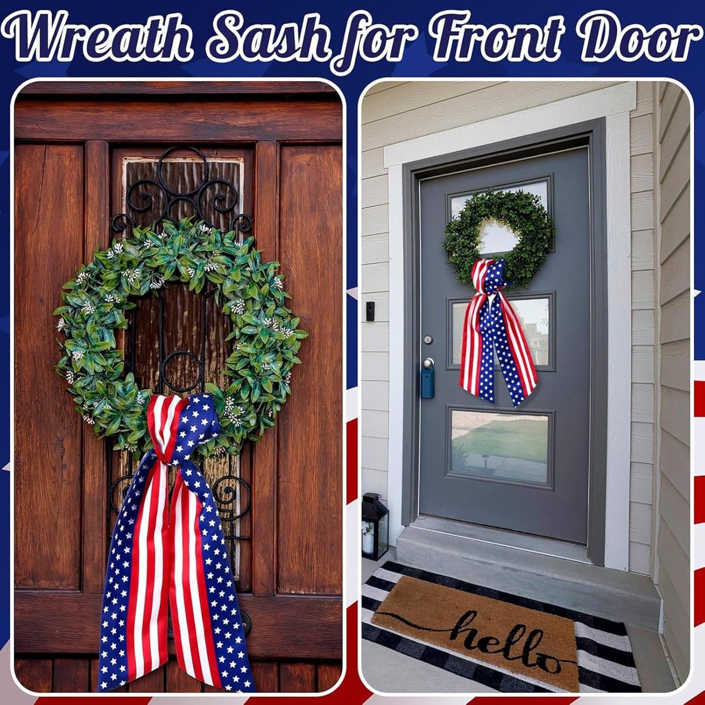 YKW Patriotic Wreath Sash - American Flag Fine Linen Ribbon, 5" W x 55" L | 4th of July Decor