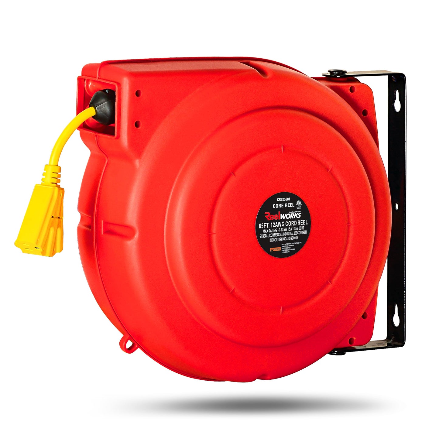 ReelWorks Extension Cord Reel Retractable 12AWG x 65' Foot 3C/SJT Heavy Duty Commercial Cable Triple Tap Connector Power 15A 125VAC 1875W