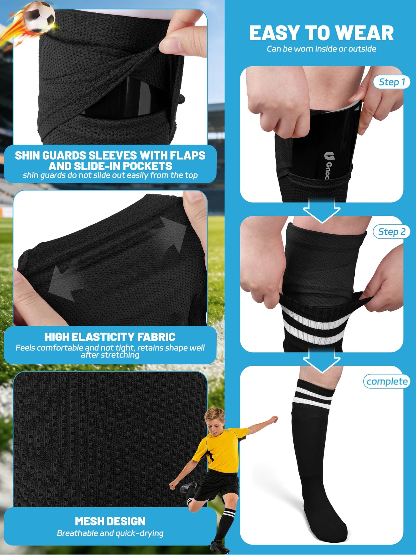 Gnodio Kids Soccer Shin Guards with Sleeves and Socks Set Youth Toddler Shin Pads Long Socks for 3-12 Years Boys Girls Lightweight Soccer Equipment Black M
