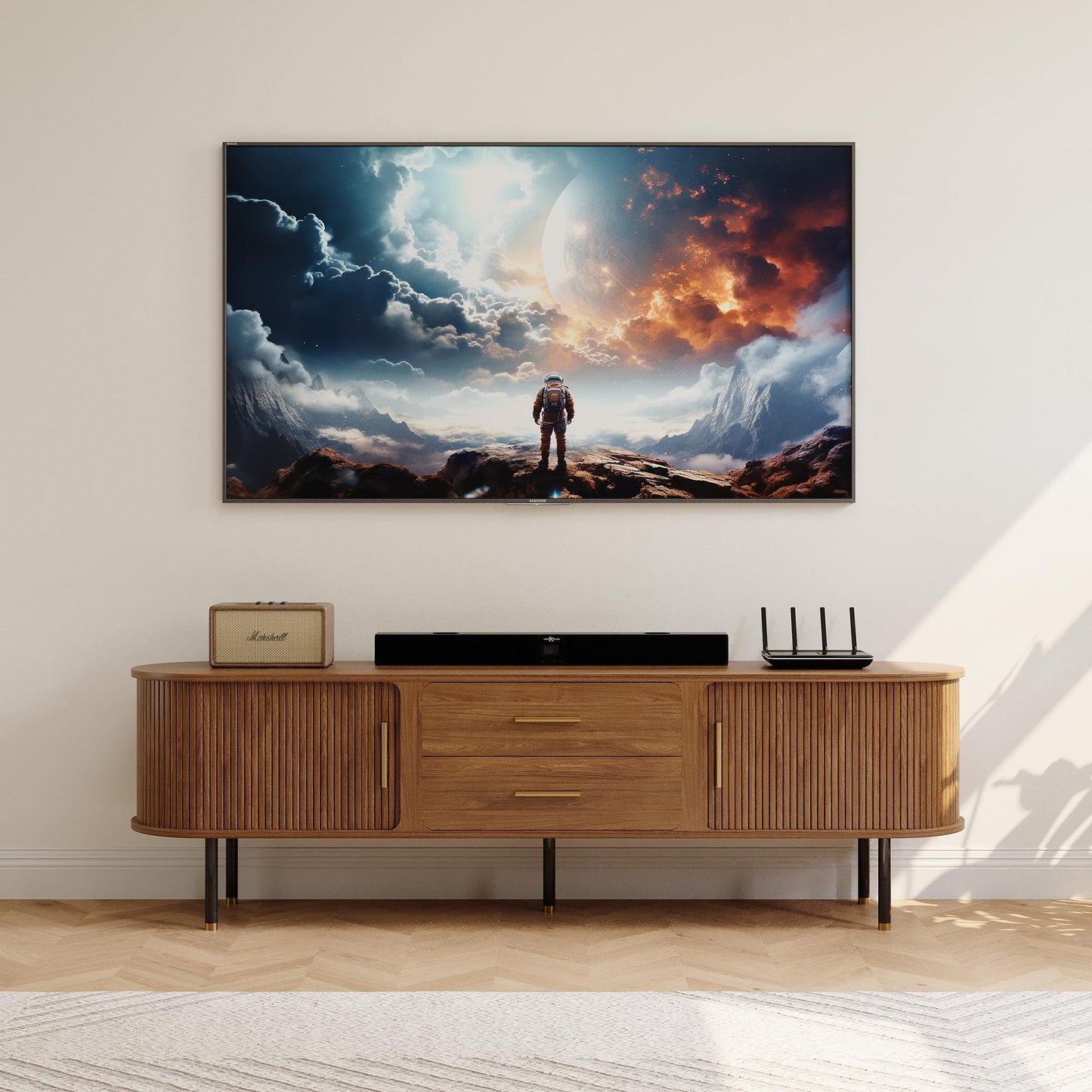 POVISON 78.74" Sliding Tambour Door TV Stand, Fully Assembled Mid Century Modern TV Console, Wood Media Console with Tall-Cast Metal Legs, Entertainment Center with Storage Cabinet for Living Room
