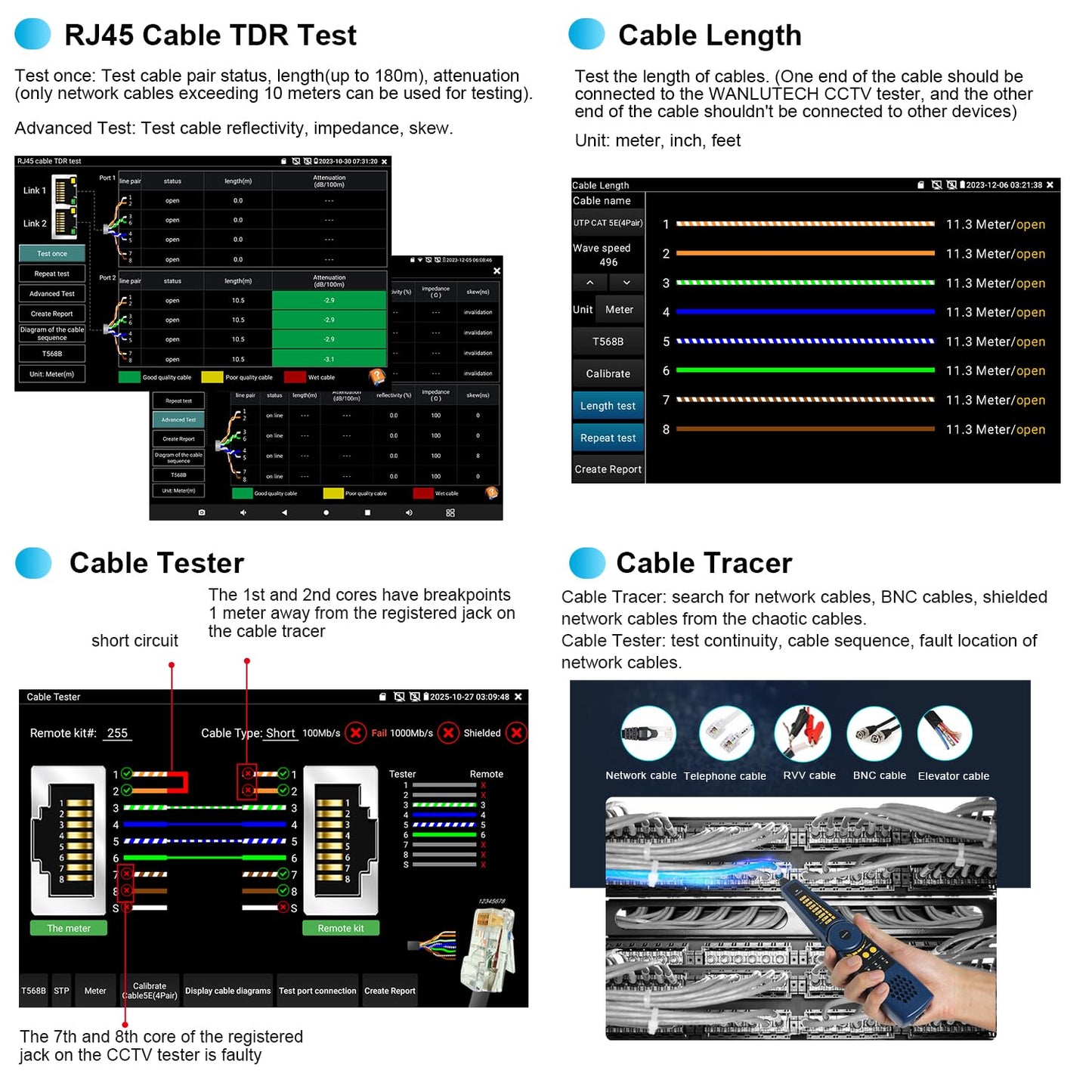 Upgraded 8K IP Camera Tester, WANLUTECH CCTV Tester 7inch Touchscreen 8MP TVI CVI AHD CVBS Camera Test 90W PoE Power Cable Tracer RJ45 Cable TDR Test SFP Network Tools WiFi HDMI VGA (IPC-9800CADH Pro)