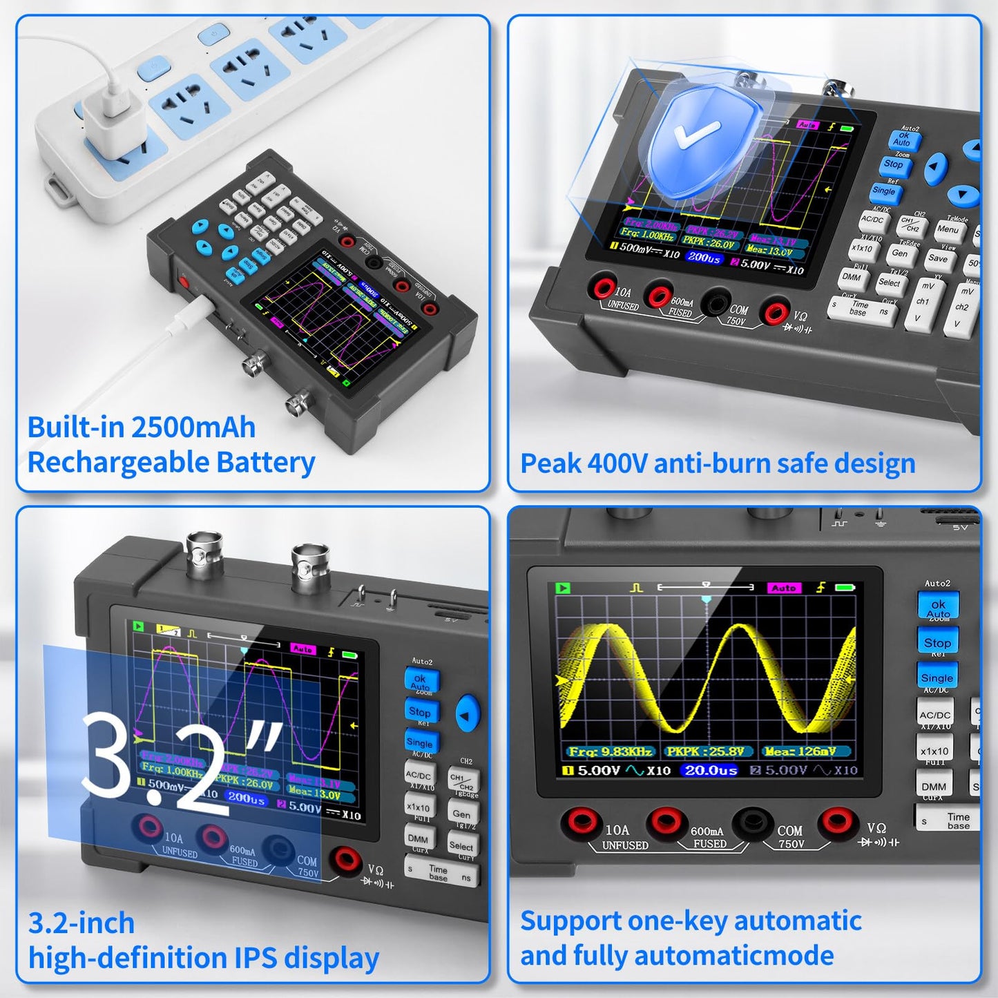 LCD Handheld Digital Oscilloscope Kit - 2 Channel 3.2" TFT Multimeter Oscilloscope Signal Generator Mini Automotive Oscilloscope Bandwidth 120Mhz Digital Oscilloscopes Portable 250MSa/s Sampling Rate