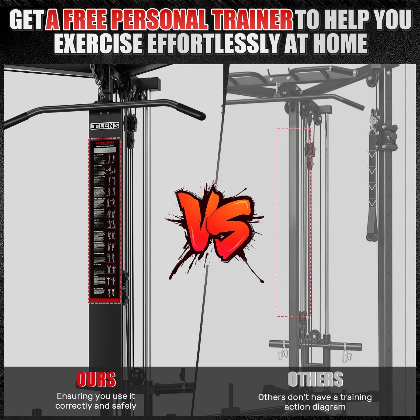 JELENS CC01 Fitness Cable Crossover Machine with High and Low Pulley System, Functional Trainer with with Pull Up Bars and Optional Bundle (Black, CC01 Cable Crossover Machine)