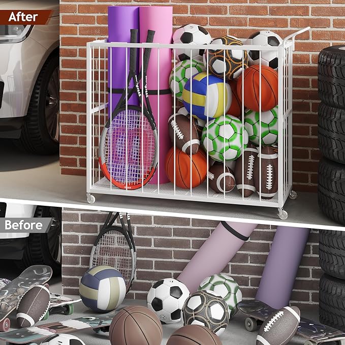 Ball Storage Bin Rolling Sports Ball Cart, Metal Garage Organizer Sport Rack, Ball Basket Storage, Ball Cage for Garage or Gym, Indoor & Outdoor Sports Equipment Organizer