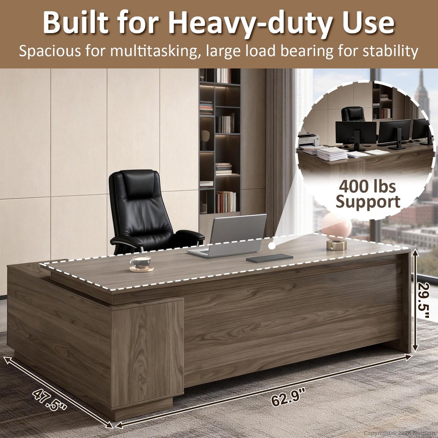 ZIMASYA 63" L Shaped Executive Desk with Locking Drawers - Modern Commercial Grade Business Office Furniture - Heavy Duty Wood Computer Workstation with Full Privacy Panel (Black Walnut)