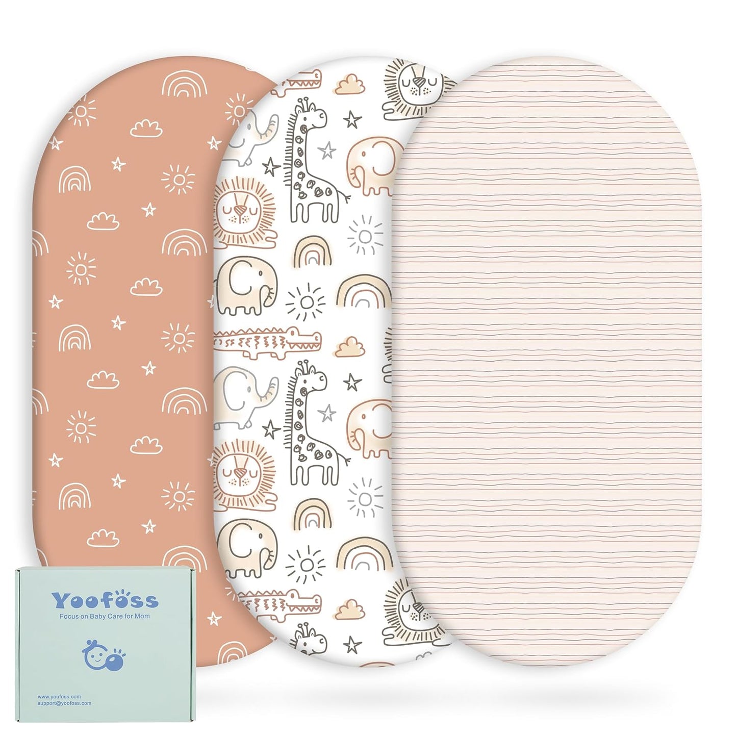 Yoofoss Bassinet Sheets - 3-Pack Fitted Sheets Set for Halo Bassinest | Soft, Breathable Fabric (Brown & Animals)