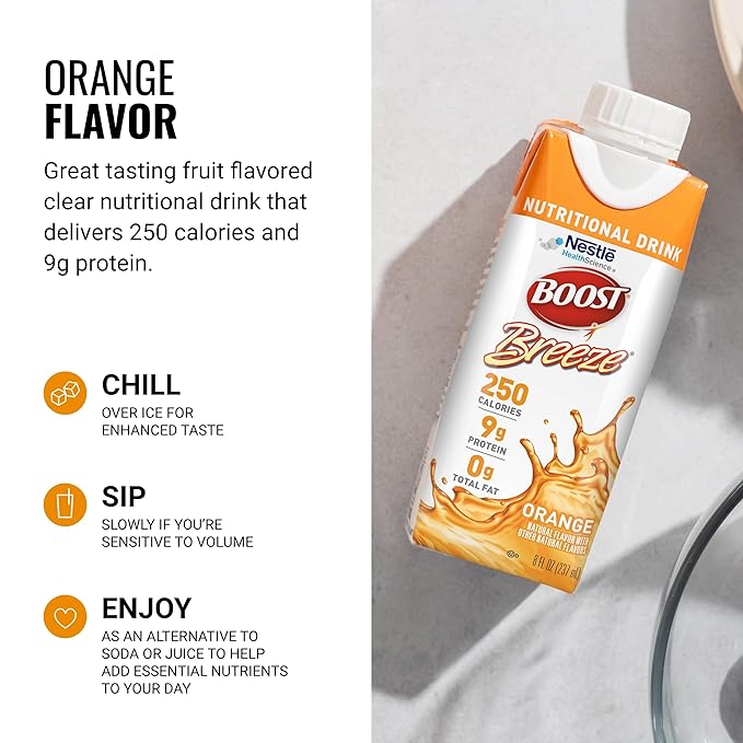 BOOST Breeze Clear Nutritional Drink - 250 Calories - 19 Vitamins & Minerals - 9 g Protein ??Fortified Clear Nutritional Drink with Vitamin A & Zinc - Orange Flavor - 8 fl oz (Pack of 24)