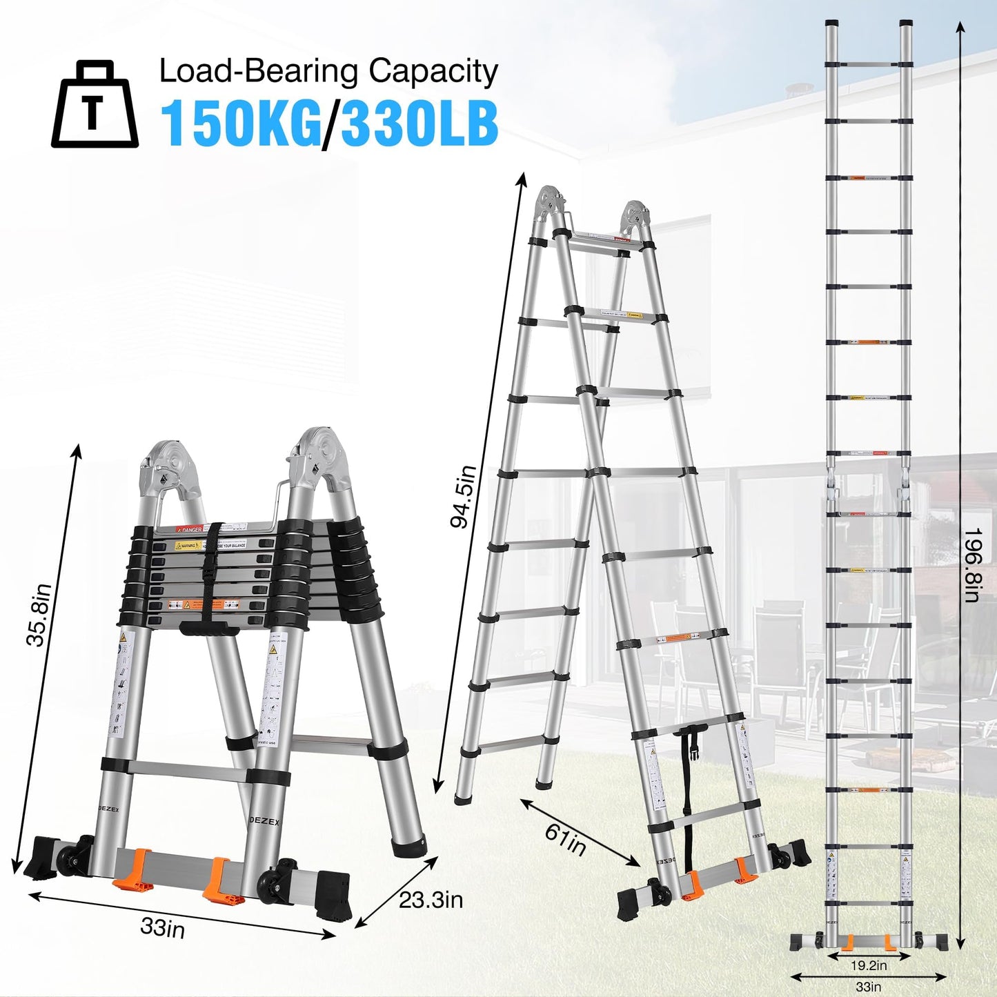 DEZEX Telescoping Ladders 16.5FT A Frame Ladder, Adjustable Folding Extension Ladder, with Anti-Slip Balance Bar & Wheel, Multi-Purpose Collapsible Ladder for Home, Outdoor Work, 330 lbs Capacity