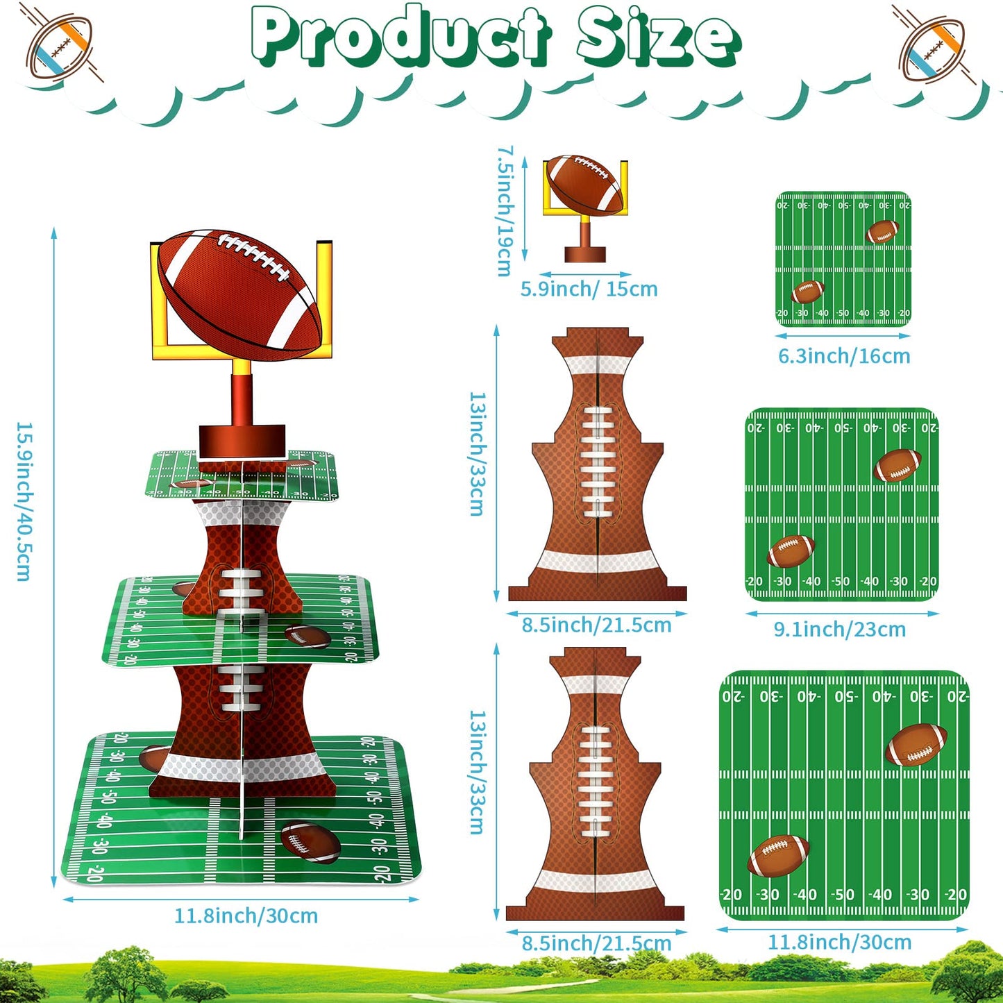 Nuenen Football Theme Party Cupcake Stand Decorations, 3 Tier Cupcake Concession Tower Sports Theme Birthday Dessert Stand Holder for Sports Tailgate Party Supplies Decoration (Football)