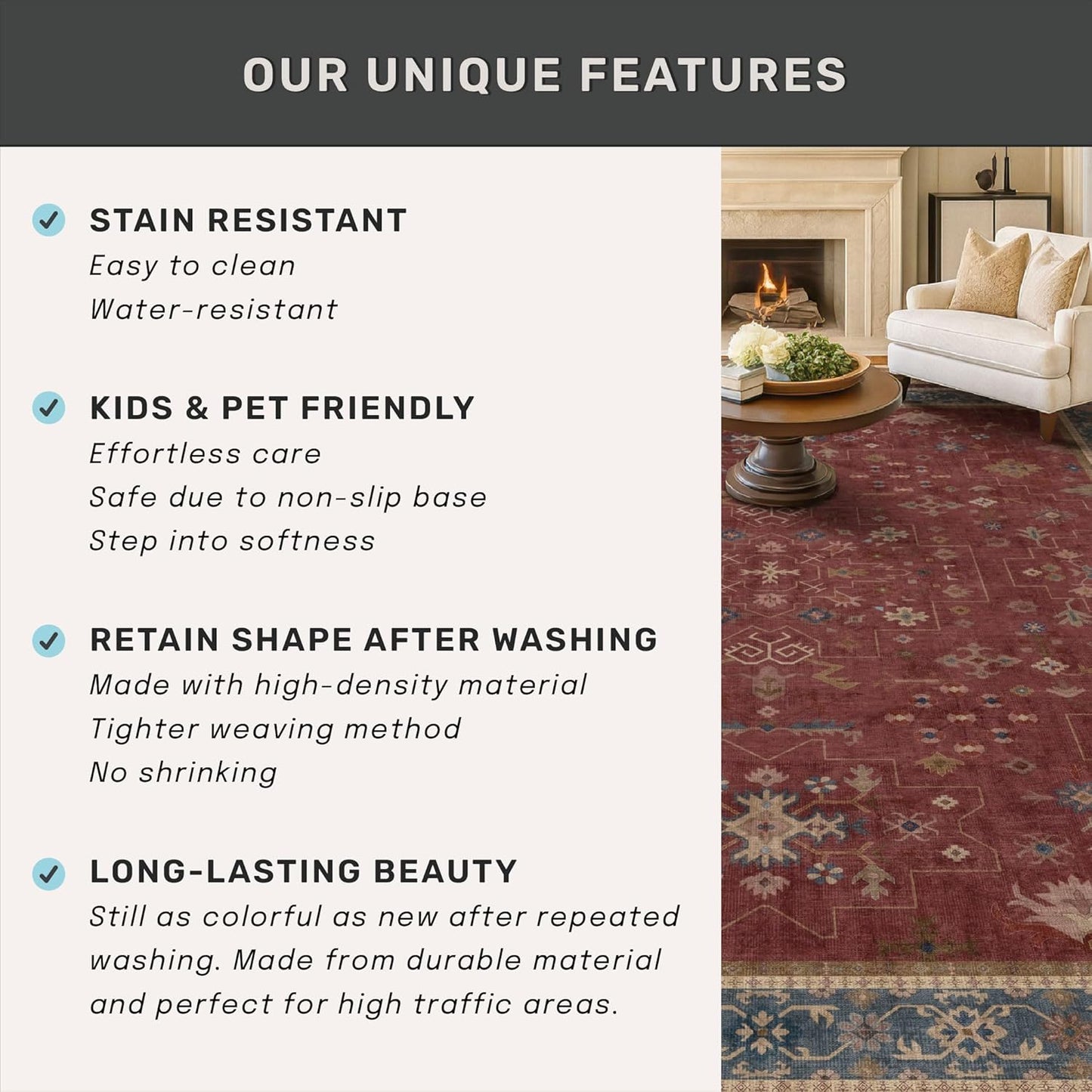 Skiennix 6x9 Dining Room Rug - Vintage Burgundy Boho Design, Lightweight & Washable Carpet