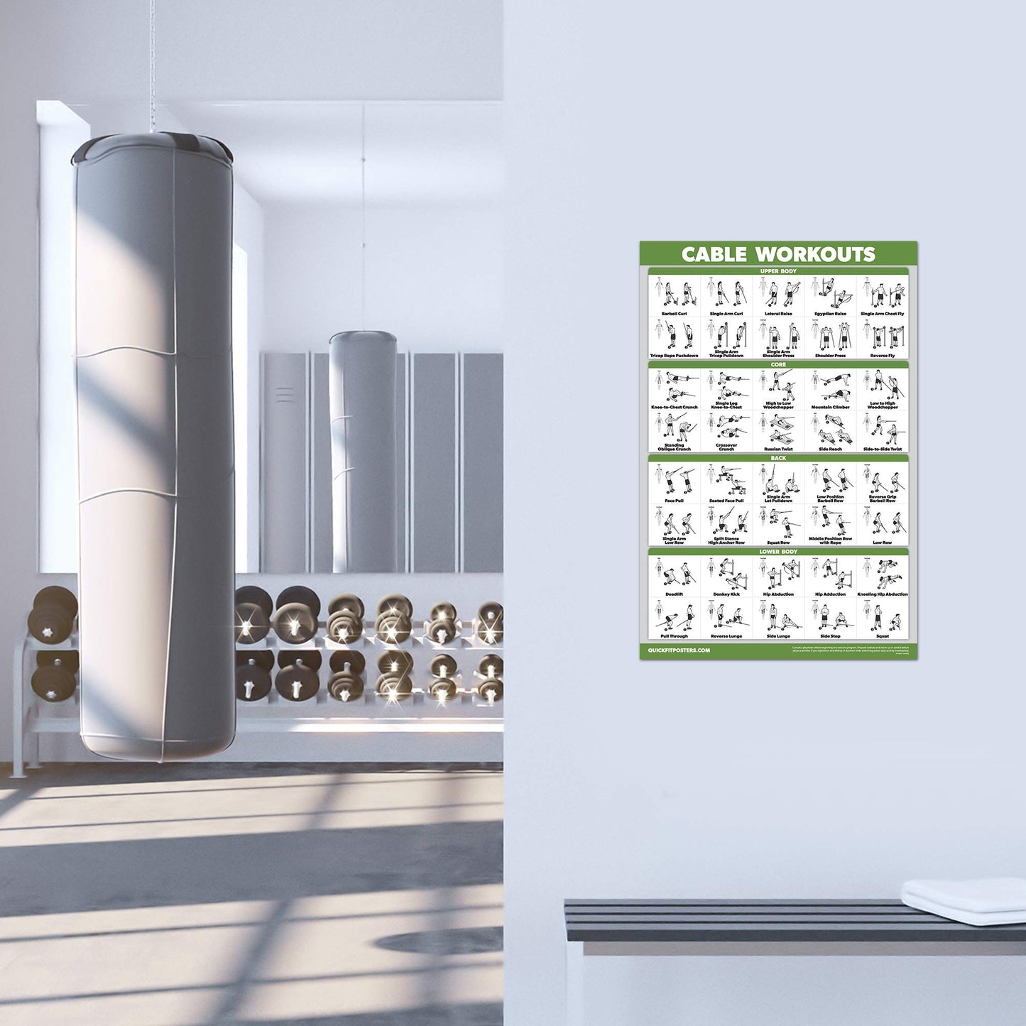 QUICKFIT Workout Poster Cable Machine, an Exercise Chart for Cable Training Station, Laminated, Gym, 18" x 24"