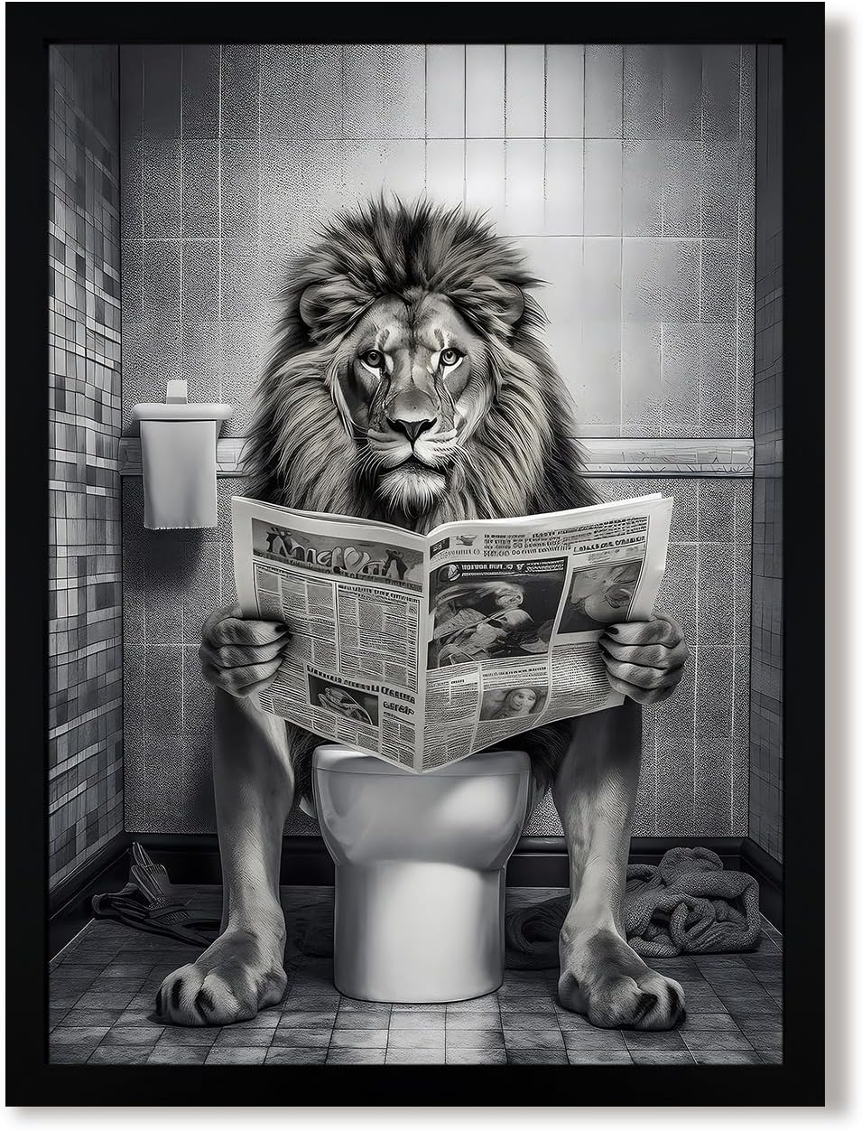 URMOYA Majesty Lion Bathroom Wall Art - Funny Black and White Canvas Decor | 12x16 Inch Framed Print