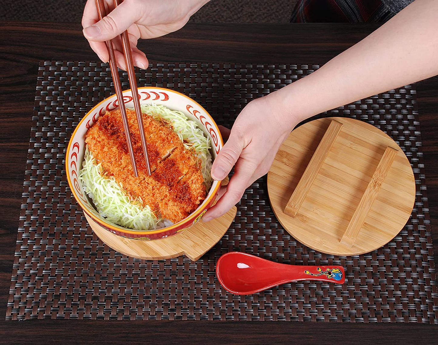 Happy Sales HSKM-RDCAT6, Japanese Kamameshi Vintage Style Rice Noodle Ramen Bowl with Bamboo Lid Trivet Chopsticks and Porcelain Spoon Bowl Set, Red Lucky Cat