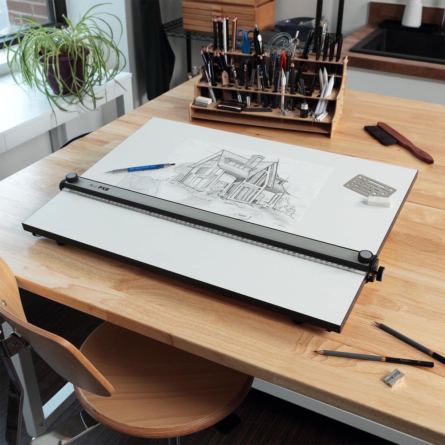Acurit PXB 20” x 26” Drawing Board for Artists and Designers - Portable Workspace for Drawing, Sketching, Drafting, Painting - Fixed Angled Laminated Surface with Ruler and Parallel Motion Bar